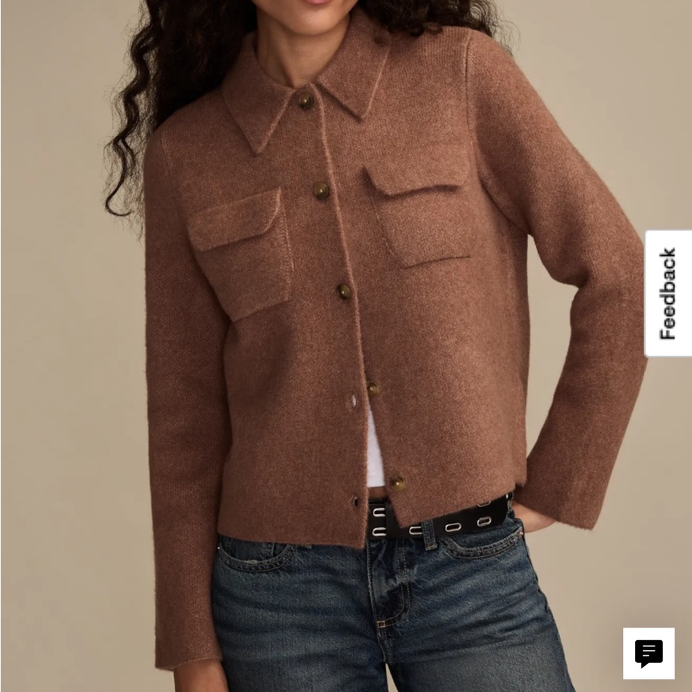 Lucky brand brown cardigan knit sweater lady jacket button front boxy large